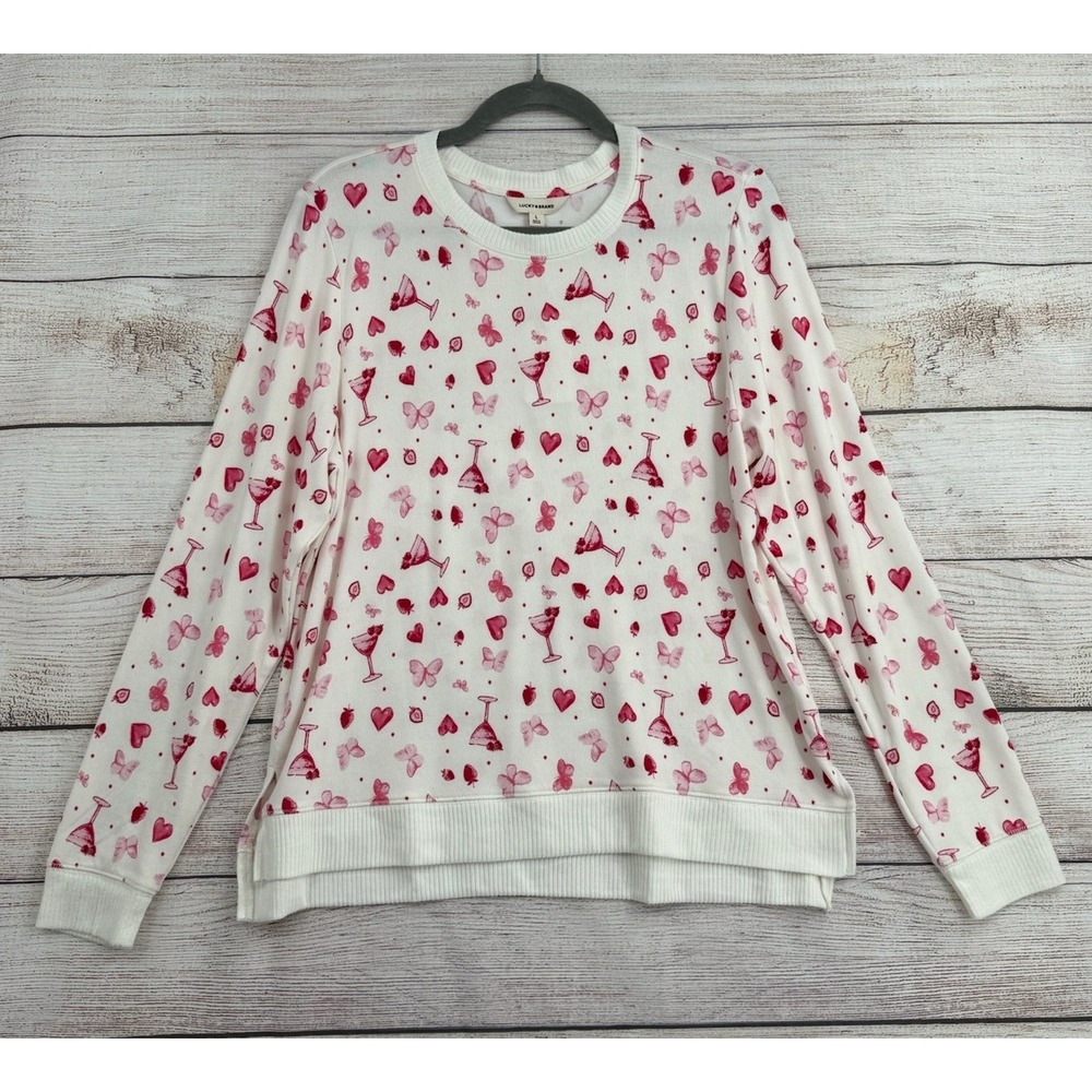 Lucky Brand Sweatshirt Womens Large White Martini Heart Butterfly Cloud Soft